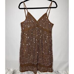 Miilla Y2K Silk Blend Brown Sequin Spaghetti Strap Crochet Lace Slip Dress L M
